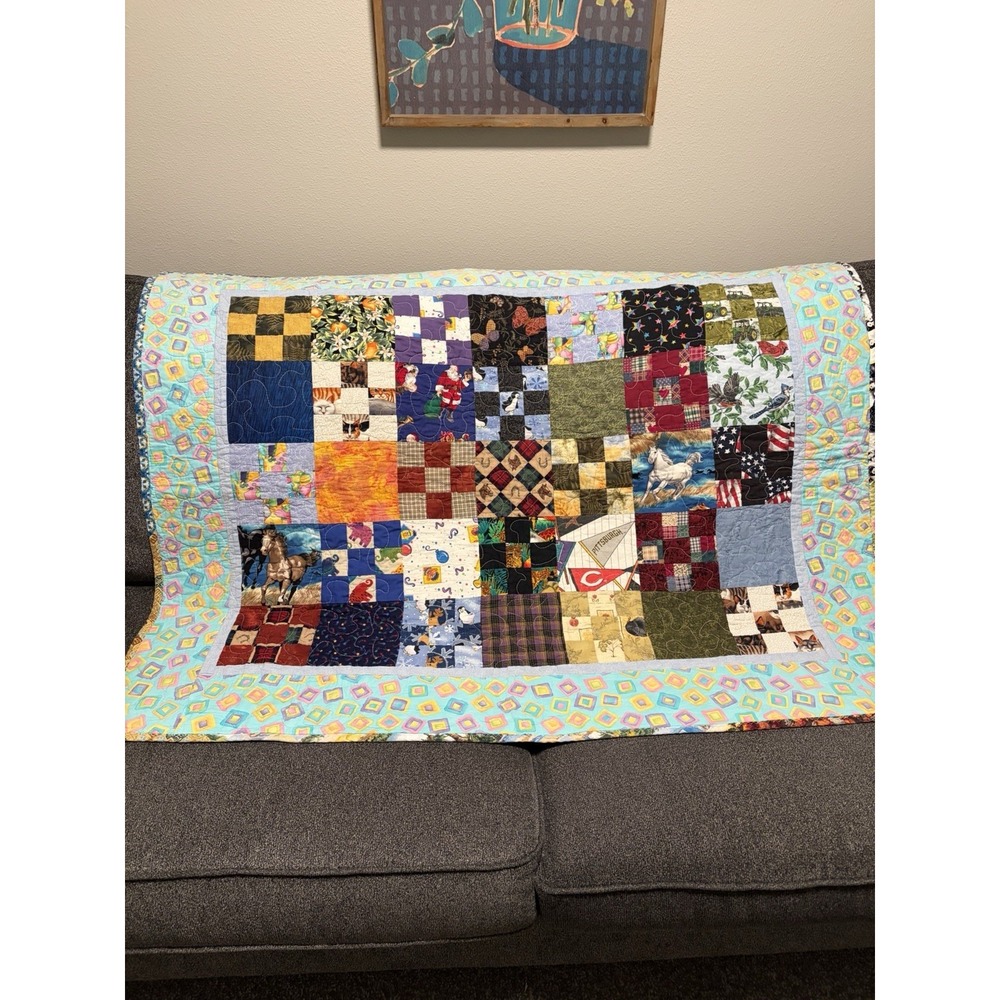 Handmade Patchwork Quilt Throw 48"x38" Multicolor Blocks Blue Border Cotton